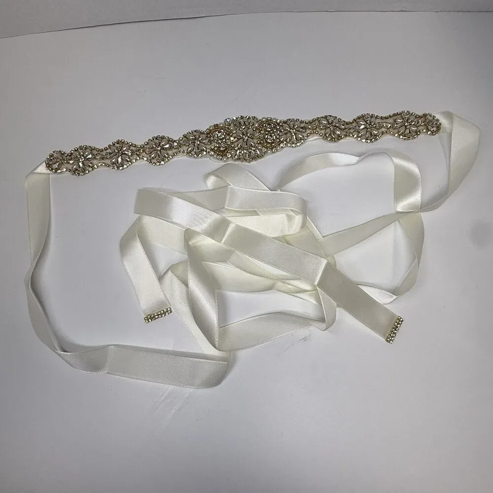 Tendaisy Crystal Rhinestone Faux Pearl Wedding Belt Cream Satin Ribbon Sash New